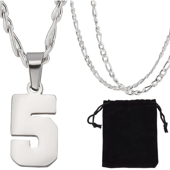 1 Box Silver Number 5 Necklace Metal 304 Stainless Steel Lucky Athletes Jersey Sport Numbers Pendant Chain Necklaces for Baseball Basketball Football Team Inspiration Men