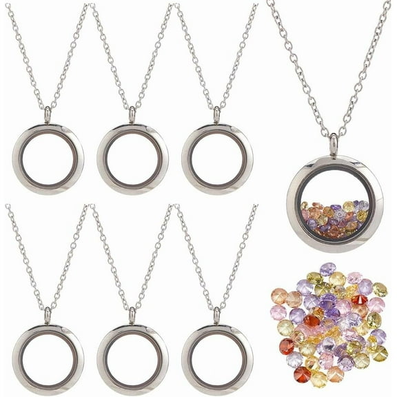 1 Box Stainless Steel 6Pcs Round Memory Locket Floating Memory Glass Necklace Chain Cubic Zirconia Cabochons Polished Keepsake Living Locket Necklace for Pendant Women Friendship Decoration