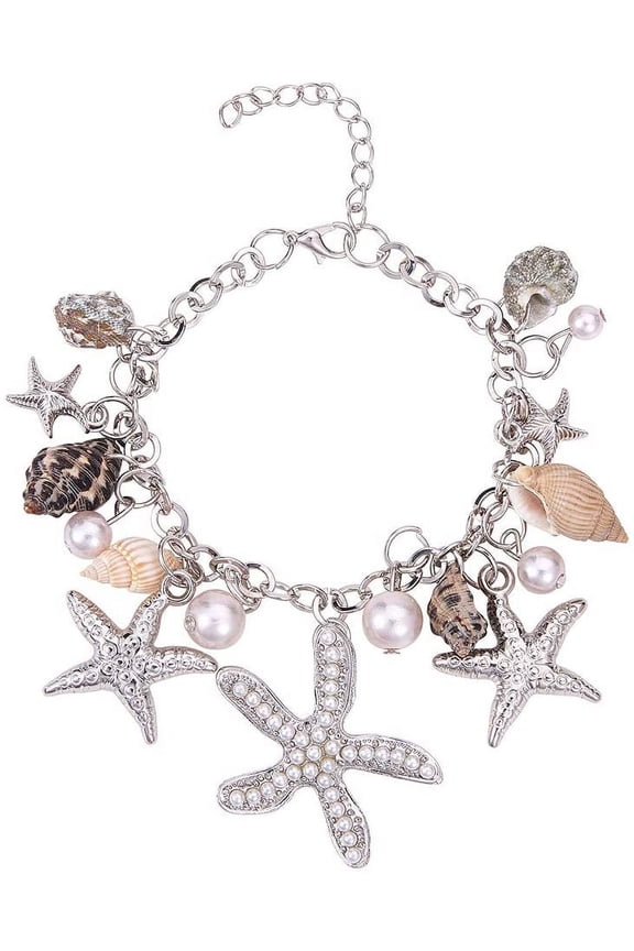 1 Box Starfish Shell Anklet Bracelets 7" Mermaid Bracelets Conch Starfish Pearl Anklet Bracelet Charm Bohemian Adjustable Shell Bracelet Mermaid Costume Jewelry for Women Christmas Silver