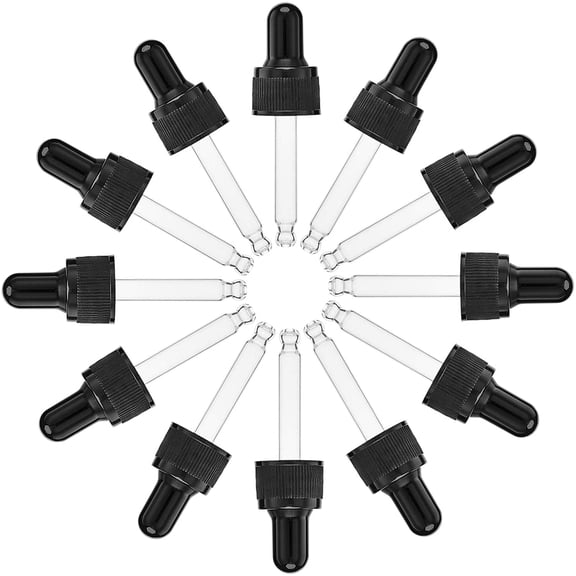 1 Box Straight Tip Glass Droppers with Rubber Bulb and Screw Cap for Glass Essential Oils Black 73.5x21mm Capacity: 10ml 24sets/box