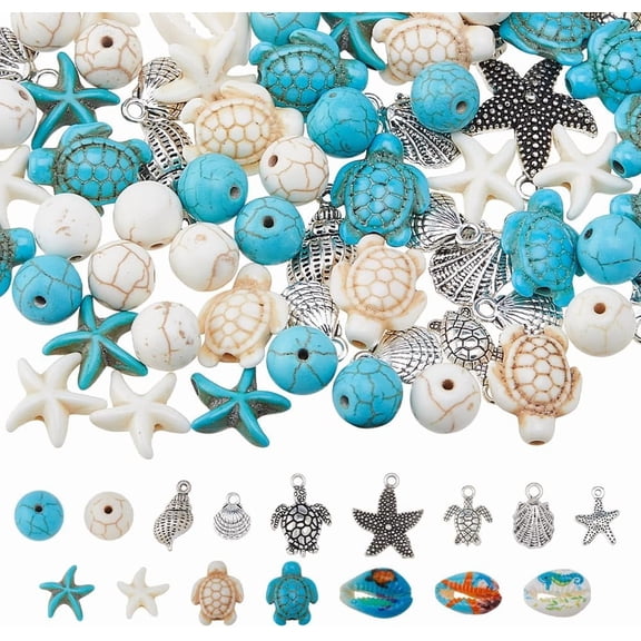 1 Box Summer Ocean Beads Turquoise Beads Starfish Sea Turtle Shell Bead Ocean Animal Loose Bead for Jewelry Making DIY Beading Crafts Supplies Colorful DIY