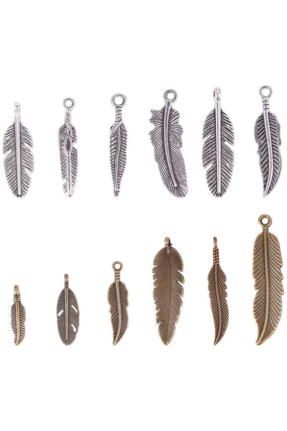 1 Box Tibetan Style Alloy Pendants Feather Mixed Color 7.4x7.2x1.7cm