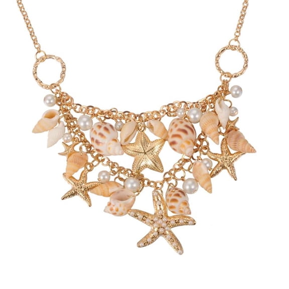 1 Box Trendy Shell Bib Beach Necklaces Starfish and Conch Pendants with Iron Chains and Brass Lobster Claw Clasps 19.6 inch(49.8cm) Golde