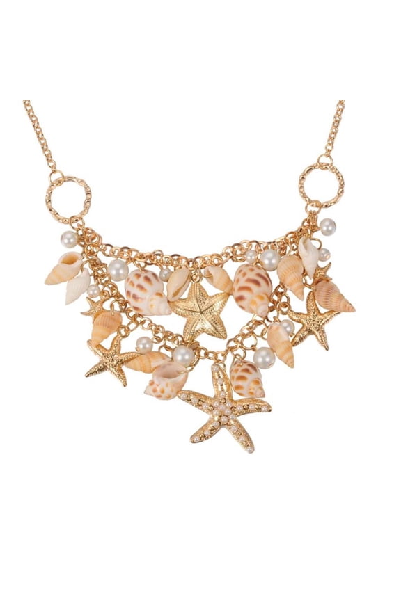 1 Box Trendy Shell Bib Beach Necklaces Starfish and Conch Pendants with Iron Chains and Brass Lobster Claw Clasps 19.6 inch(49.8cm) Golde