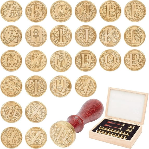 DIY 1 Box Wax Seal Stamp Set 26 Letters Alphabet A-Z Sealing Stamp Kit Initials Removable Brass Head with Wooden Handles Gift Packed for Halloween Wedding Invitations Cards Letters Envelopes DIY