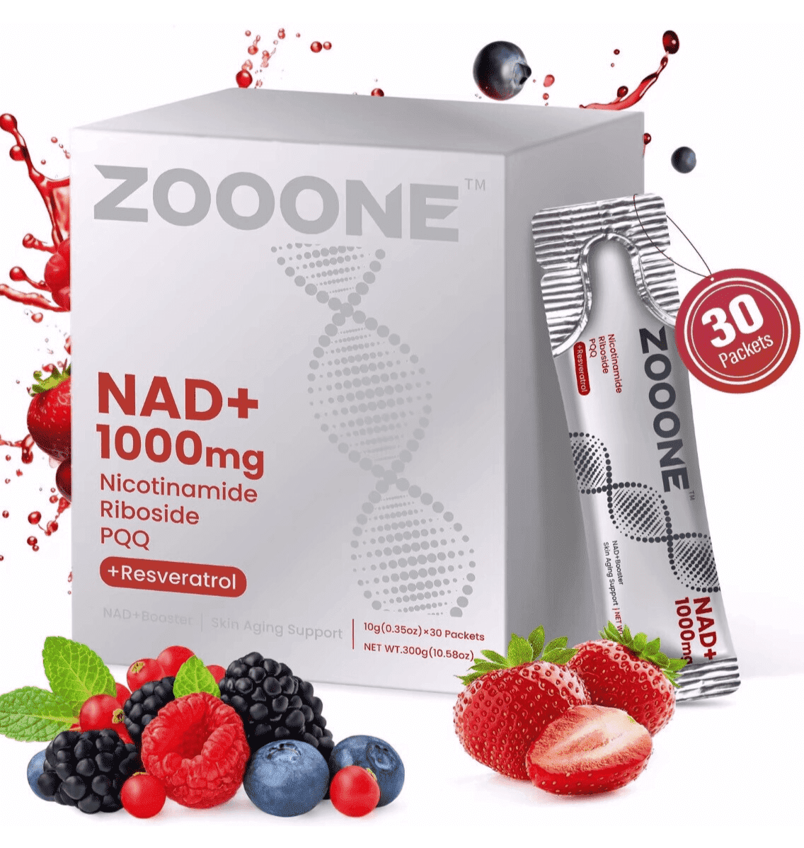 PQQ1000 Zooone Drink Mix 1000MG-NAD, Mix Berry Flavored, for Skin Aging and Energy Supplementation, 30 Packs, 10g
