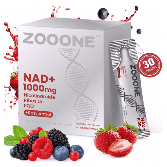 PQQ1000 Zooone Drink Mix 1000MG-NAD, Mix Berry Flavored, for Skin Aging and Energy Supplementation, 30 Packs, 10g