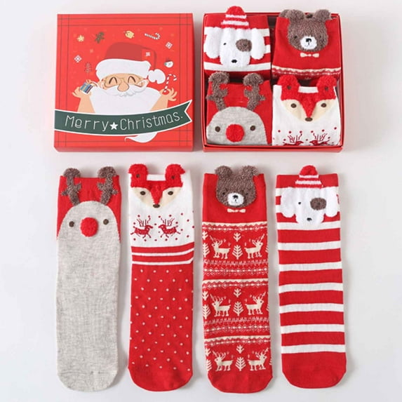 1 Box of 4 Pairs Christmas Socks for Womens Winter Warm Floor Socks Cotton Fuzzy Socks Christmas Stocking and New Year Gift for Girls