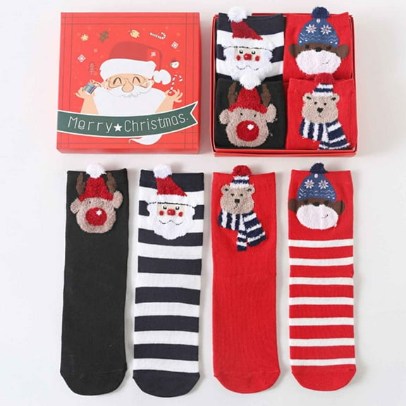 1 Box of 4 Pairs Christmas Socks for Womens Winter Warm  Floor Socks Cotton Fuzzy Socks Christmas Stocking and New Year Gift for Girls