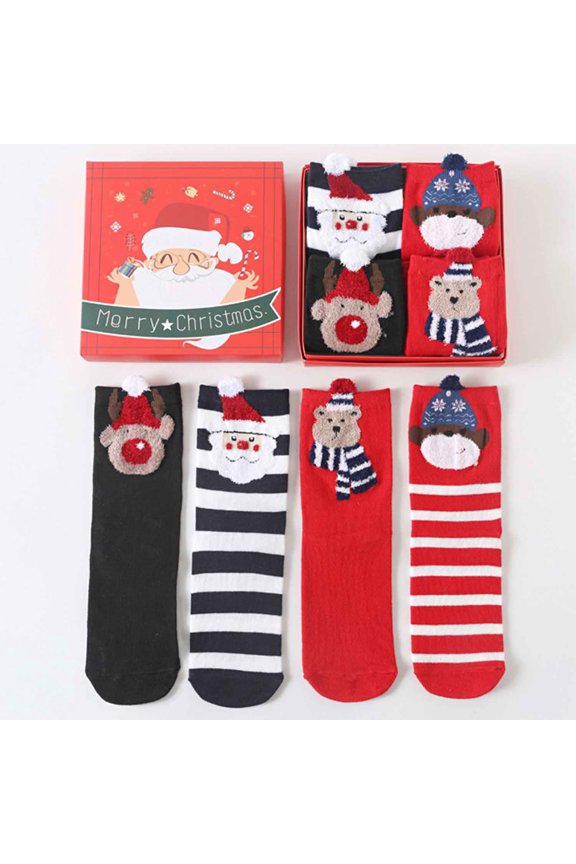 1 Box of 4 Pairs Christmas Socks for Womens Winter Warm Floor Socks Cotton Fuzzy Socks Christmas Stocking and New Year Gift for Girls