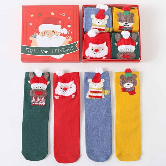 1 Box of 4 Pairs Christmas Socks for Womens Winter Warm Floor Socks Cotton Fuzzy Socks Christmas Stocking and New Year Gift for Girls