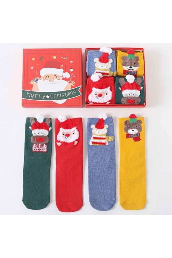 1 Box of 4 Pairs Christmas Socks for Womens Winter Warm Floor Socks Cotton Fuzzy Socks Christmas Stocking and New Year Gift for Girls