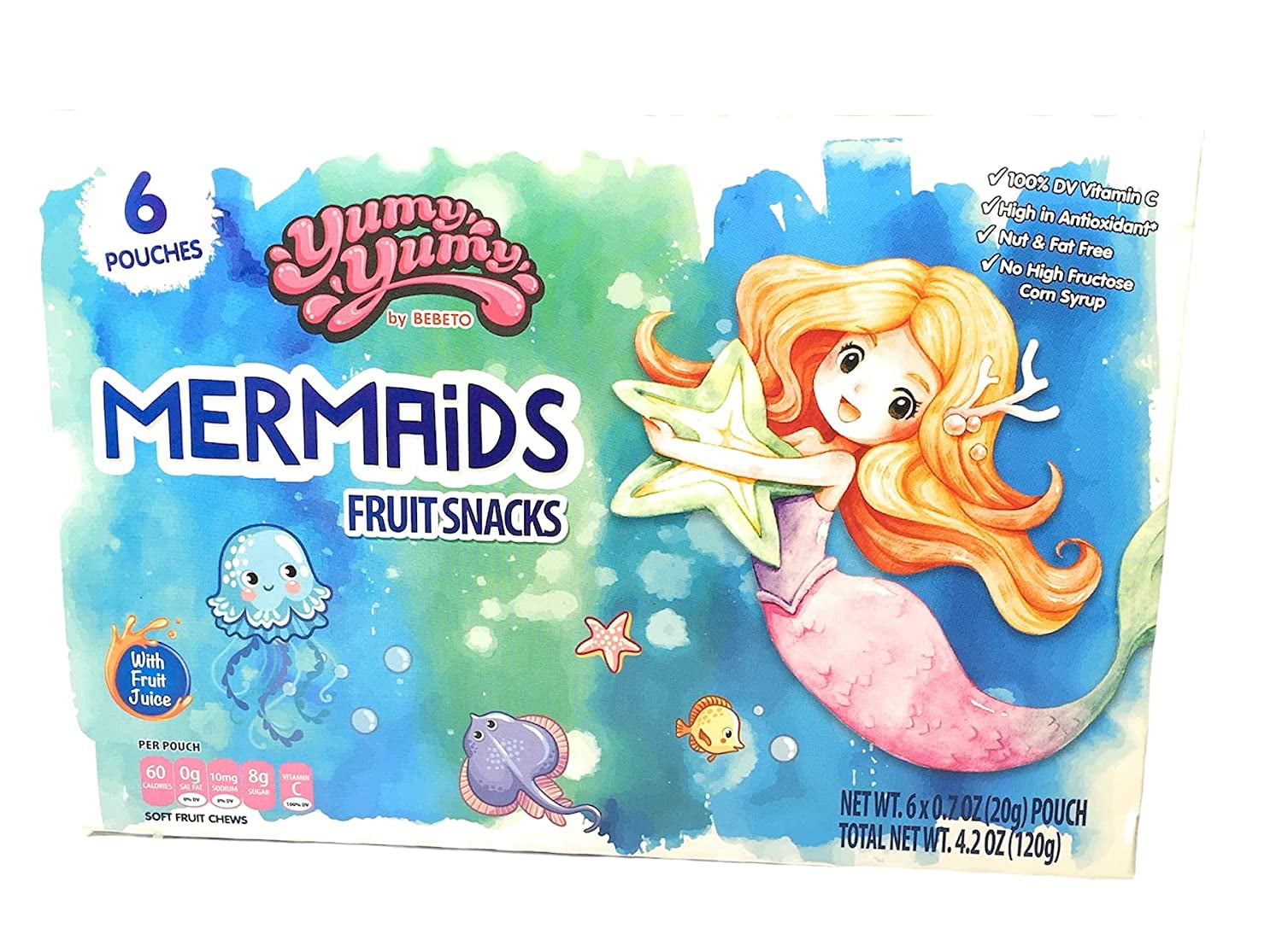 (1) Box of 6 Yumy Yumy Mermaids Individually Wrapped Fruit Snacks