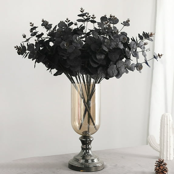 1 Branch Artificial Eucalyptus Leaves, Faux Silk Eucalyptus Stems Bouquet Fake Black Plants with Total 16 Stems Arrangement for Home Party Wedding and Christmas