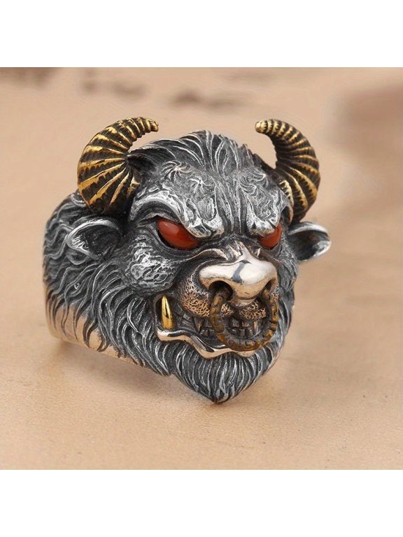 1 Bull Head Ring for Men, Personalized and Powerful Retro Zodiac Bull Ring, Open Mouth Ring, Versatile Gift giving, Daily Street Commuting, Party Celebrations, Festivals, Party Wearing,Red Eye