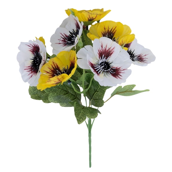 1-Bunch Artificial Pansies Flowers, 12.2" 5-Stem Silk Pansy Bouquet Faux Violas for Spring Window Box Cemetery Decor, Yellow