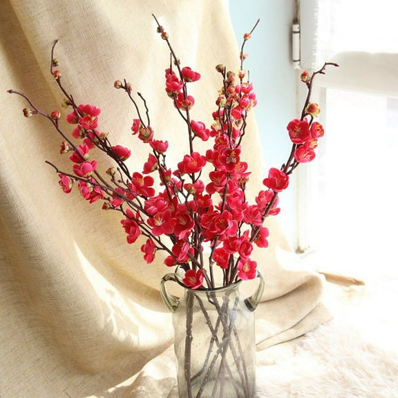 1 Bunch of Cherry Blossoms, Bright Red Clearance! Artificial Fake Flowers Plum Blossom Floral Wedding Bouquet Home Decor Red