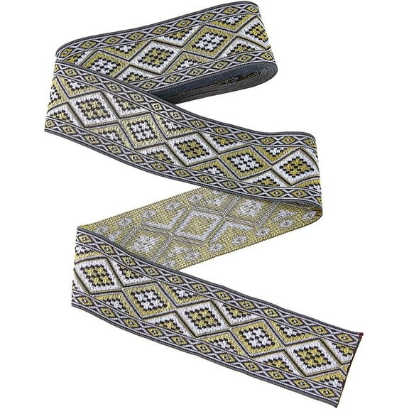 1 Bundle 7M Ethnic Style Jacquard Ribbon Geometric Woven Trim Boho Embroidered Lace Trim Gray Floral Pattern Embroidery Ribbon Polyester Swirl Wired Ribbon