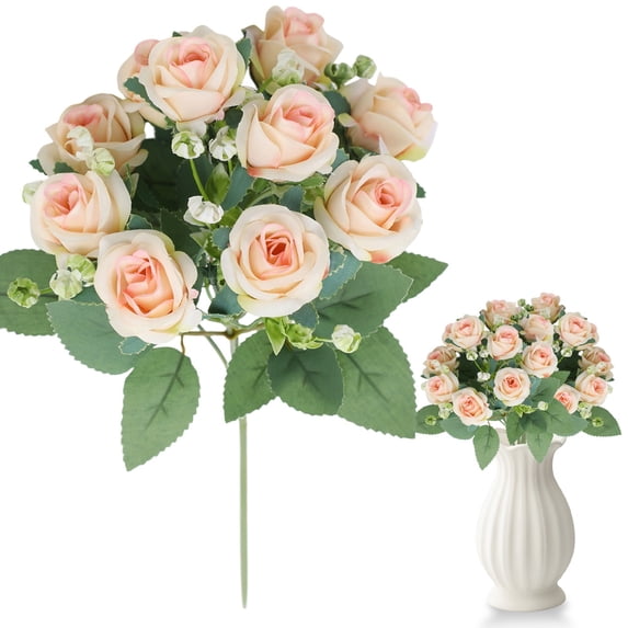 1 Bundle Artificial Mini Rose Bunch 12 Heads Faux Small Silk Rose Flowers for Wedding Centerpiece Vase Home Table Decor 30cm, Clearance Champagne