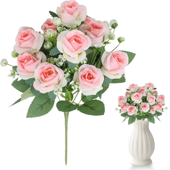 1 Bundle Artificial Mini Rose Bunch 12 Heads Faux Small Silk Rose Flowers for Wedding Centerpiece Vase Home Table Decor 30cm, Clearance Pink