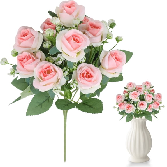 1 Bundle Artificial Mini Rose Bunch 12 Heads Faux Small Silk Rose Flowers for Wedding Centerpiece Vase Home Table Decor 30cm, Clearance Pink