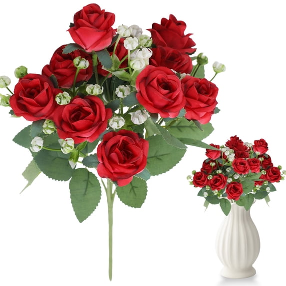 1 Bundle Artificial Mini Rose Bunch 12 Heads Faux Small Silk Rose Flowers for Wedding Centerpiece Vase Home Table Decor 30cm, Clearance Red