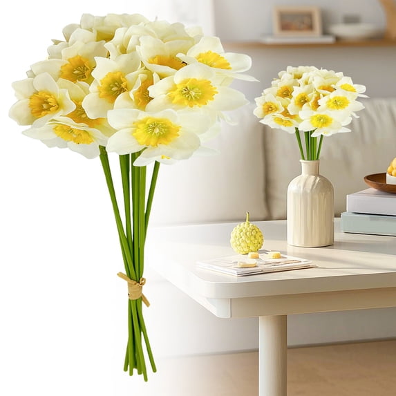 1 Bundle Daffodil Artificial Flowers 13.4 Inch Real Touch Beige Faux Daffodils Flowers Bouquet Artificial Daffodils Fake Flowers for Vase Home Office Wedding Floral Arrangement Decoration(No Vase)