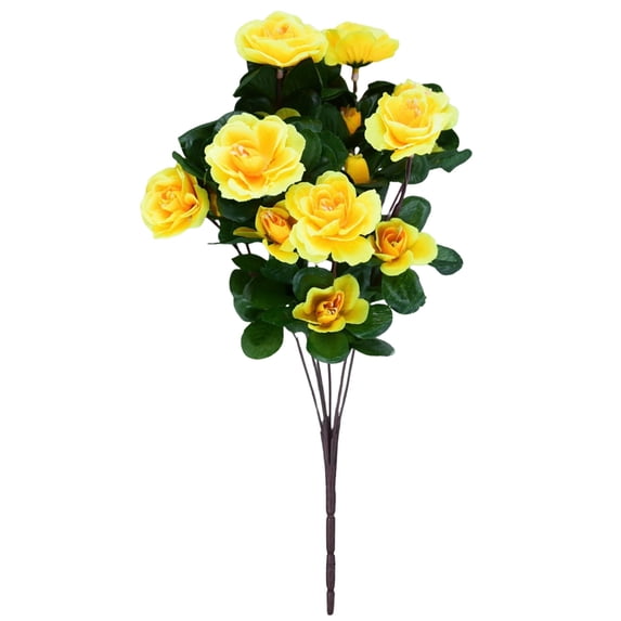 1 Bundles Artificial Azalea Faux Outdoor Flowers Plants, Fake Silk Camellia UV Resistant for Outside Porch Patio Balcony Garden Yard Home,Home Garden Wedding Floral Decor Supplies,Yellow,13.39"