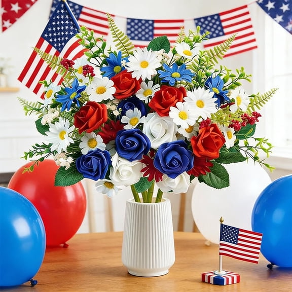 1 Bundles Patriotic Artificial Flowers, 4th of July Red White and Blue Flowers Patriotic Silk Rose Floral Arrangement for 4th of July Decorations Memorial Day Home Centerpieces