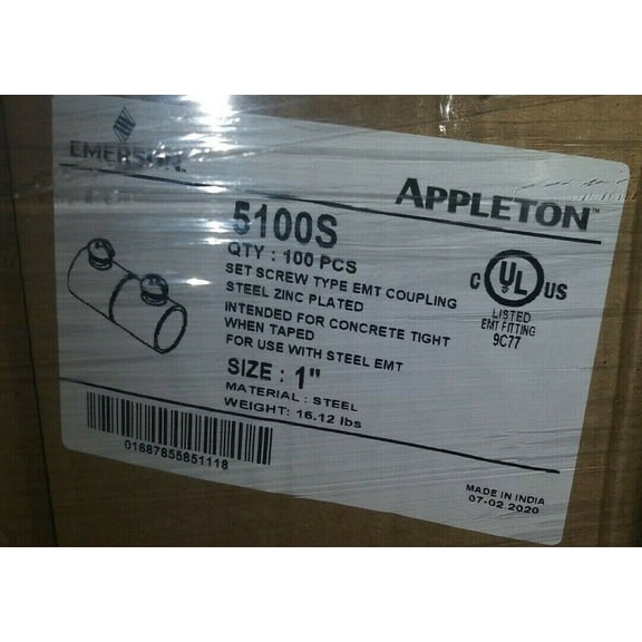 (1 CASE OF 100) NEW Appleton Set-Screw EMT Coupling 1" 5100S
