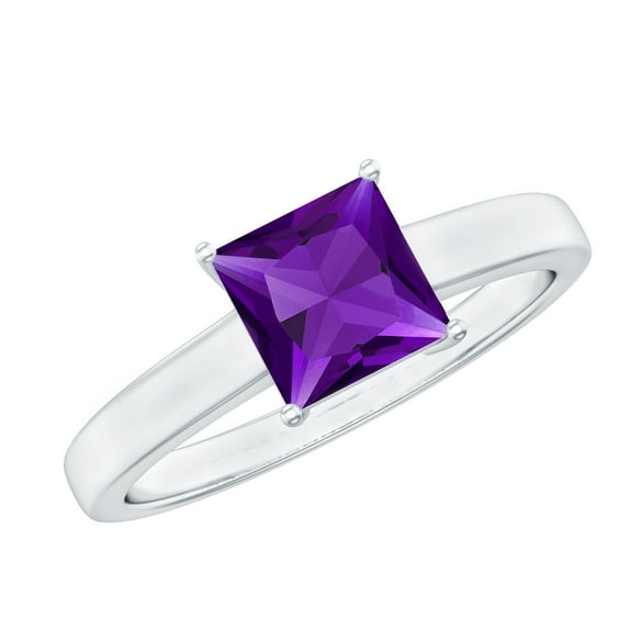 Rosec Jewels 1 CT Amethyst Solitaire Ring for Women, 6 MM Princess Cut Violet Amethyst Ring, February Birthstone Ring, 14K White Gold, US 5.50