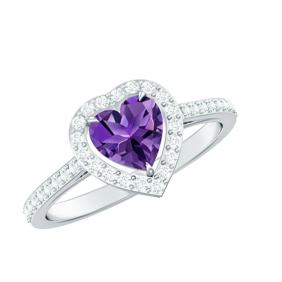 Rosec Jewels Natural Amethyst Heart Engagement Ring with Halo - Amethyst Diamond Ring - AAA Quality - with Jewelry Box, 14K White Gold, US 12.00