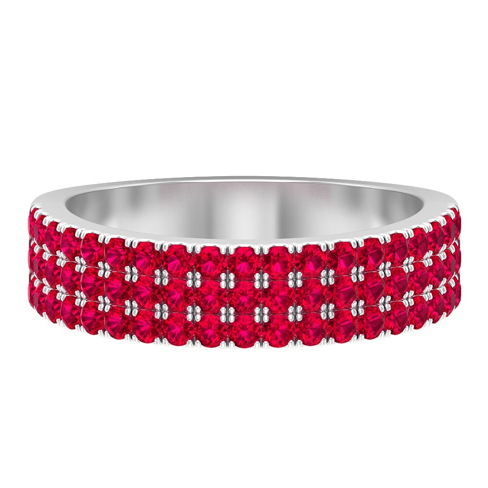 1 CT Created Ruby Three Row Anniversary Band Ring, 925 Sterling Silver