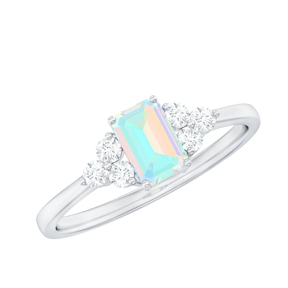 Rosec Jewels Real Ethiopian Opal and Diamond Ring, 6X8 MM Emerald Cut Ethiopian Opal Solitaire Ring, October Birthstone Ring for Women, 14K White Gold, US 5.00