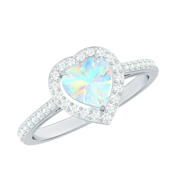 Rosec Jewels 1 CT Ethiopian Opal and Diamond Ring, 6 MM Heart Shape Ethiopian Opal Ring, Opal Engagement Ring, 14K White Gold, US 4.00