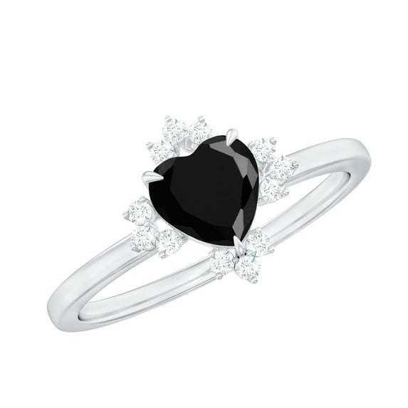 Rosec Jewels Black Onyx Heart Engagement Ring for Women - Black Onyx Diamond Ring (8 mm, AAA Quality) - with Jewelry Box, 10K White Gold, US 7.50