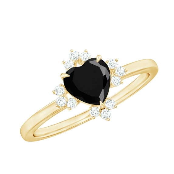 Rosec Jewels Black Onyx Heart Engagement Ring for Women - Black Onyx Diamond Ring (8 mm, AAA Quality) - with Jewelry Box, 10K Yellow Gold, US 10.00