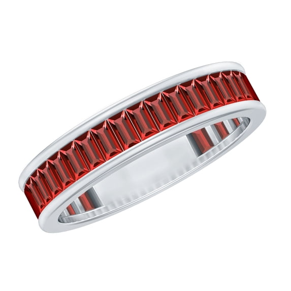 Rosec Jewels Lab Grown Ruby Eternity Band for Women - Baguette Ruby Anniversary Band Ring - AAAA Quality Certified, 10K White Gold, US 3.50