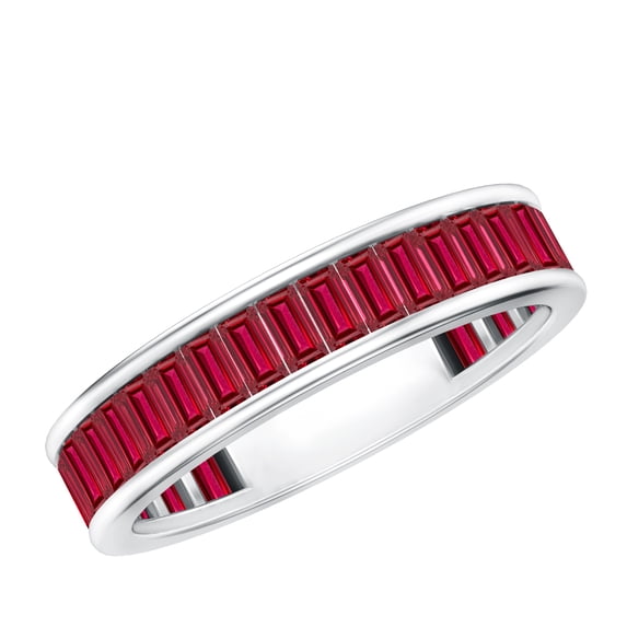Rosec Jewels Lab Grown Ruby Eternity Band for Women - Baguette Ruby Anniversary Band Ring - AAAA Quality Certified, 925 Sterling Silver, US 4.00