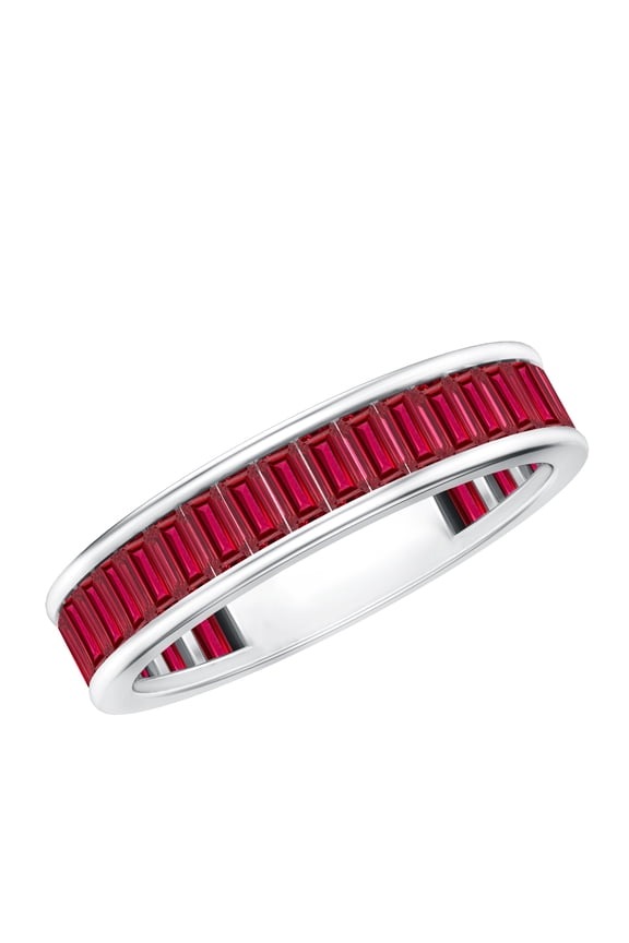 Lab Grown Ruby Eternity Band for Women - Baguette Ruby Anniversary Band Ring - AAAA Quality Certified, 925 Sterling Silver, US 4.00