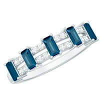 Rosec Jewels 1 CT London Blue Topaz and Diamond Ring for Women, Baguette Cut London Blue Topaz Half Eternity Ring, 925 Sterling Silver, US 4.00