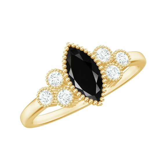 Rosec Jewels Marquise Cut Black Spinel Fine Ring with Diamond, Elegant Black Spinel Solitaire Ring for Women, 10K Yellow Gold, US 11.50
