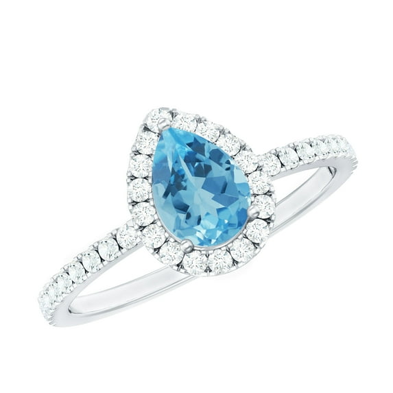 Rosec Jewels Swiss Blue Topaz Teardrop Engagement Ring with Halo - AAA Quality Blue Topaz Diamond Ring - with Jewelry Box, 14K White Gold, US 13.00