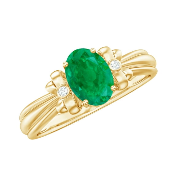 Rosec Jewels 1 CT Oval Cut Emerald Solitaire and Diamond Floral Ring (AAA Quality), 14K Yellow Gold, US 10.50