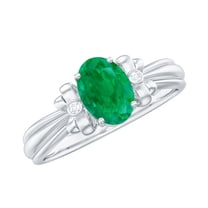 Rosec Jewels 1 CT Oval Cut Emerald Solitaire and Diamond Floral Ring (AAA Quality), 925 Sterling Silver, US 4.00