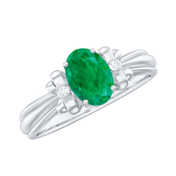 Rosec Jewels Oval Cut Emerald Solitaire and Diamond Floral Ring (0.7 Carat, AAA Quality), 925 Sterling Silver, US 4.00