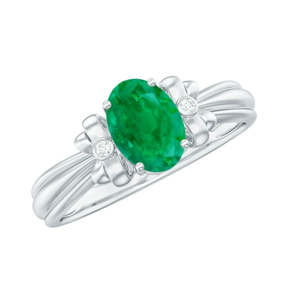 Rosec Jewels 1 CT Oval Cut Emerald Solitaire and Diamond Floral Ring (AAA Quality), 925 Sterling Silver, US 4.00