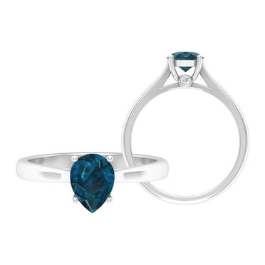 Rosec Jewels 1 CT Pear Cut London Blue Topaz Ring with Diamond, London Blue Topaz Solitaire Ring for Women, 925 Sterling Silver, US 4.00