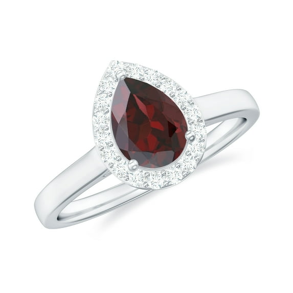 Rosec Jewels Garnet Teardrop Engagement Ring with Halo - 1 Carat - 5X7 mm Pear Shape - Natural Garnet Diamond Ring - AAA Grade, 10K White Gold, US 10.50