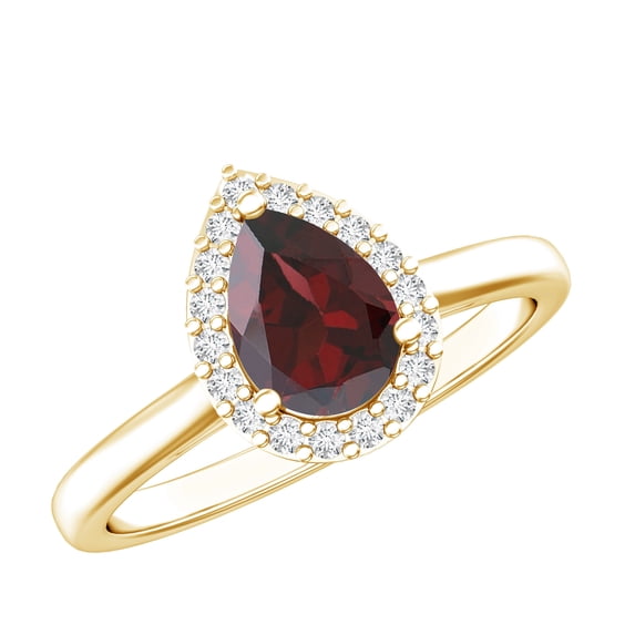 Rosec Jewels Garnet Teardrop Engagement Ring with Halo - 1 Carat - 5X7 mm Pear Shape - Natural Garnet Diamond Ring - AAA Grade, 18K Yellow Gold, US 6.50